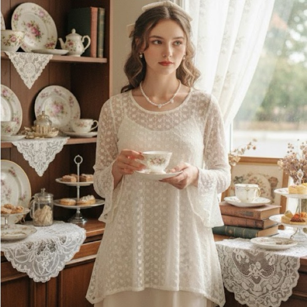 NWT Adorn Floral Lace Ivory sheer Tunic Top S – Romantic Bell Sleeve Boho Blouse